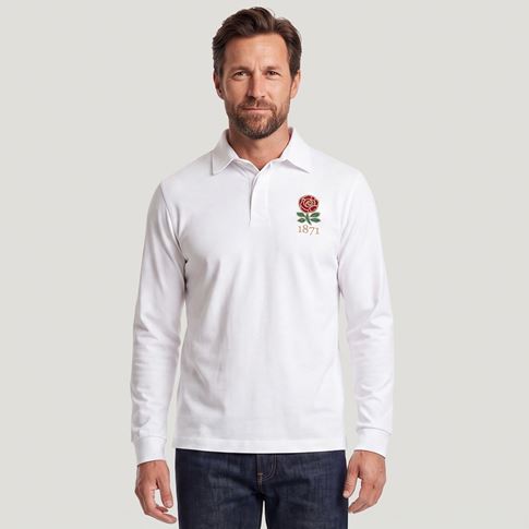 England 1871 Adults Heritage Cotton Rugby Shirt White - Model Front View