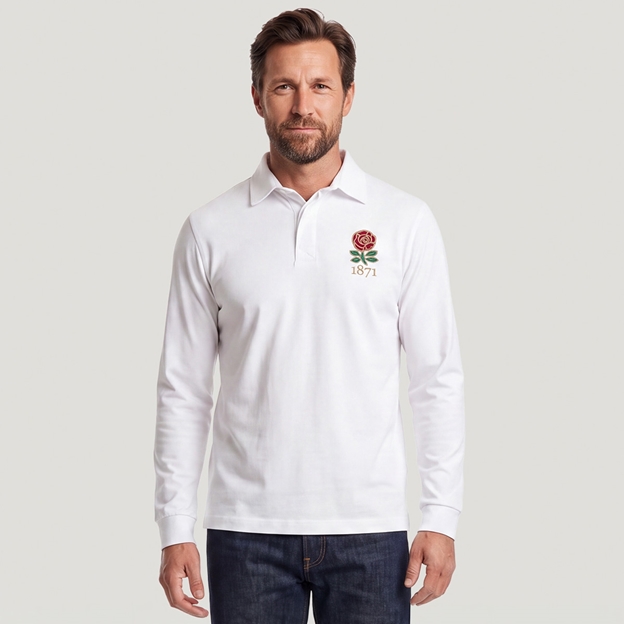 England 1871 Adults Heritage Cotton Rugby Shirt White - Model Front View