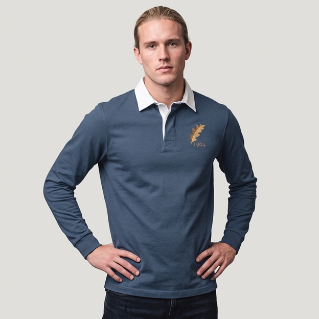 Romania 1964 Adults Heritage Rugby Shirt Petrol Blue - Model Front View