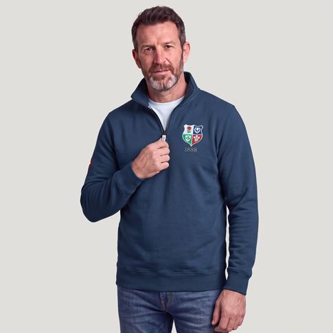 Lions1888 Adults Half Zip Cotton Sweatshirt Petrol Blue - Model Front View
