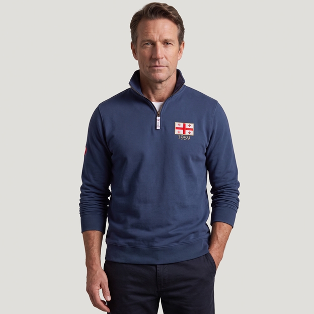 Georgia 1959 Adults Half Zip Cotton Sweatshirt Petrol Blue - Model Front View
