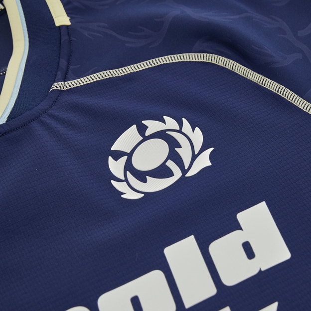 Scotland Mens Bodyfit Home Rugby Shirt 26/27 Navy and Sand - SRU Thistle Close-up