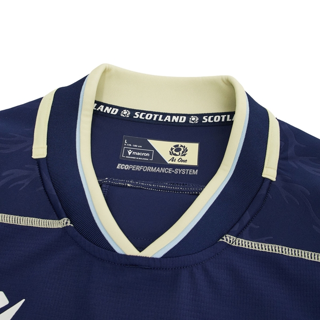 Scotland Mens Bodyfit Home Rugby Shirt 26/27 Navy and Sand - Collar Close-up