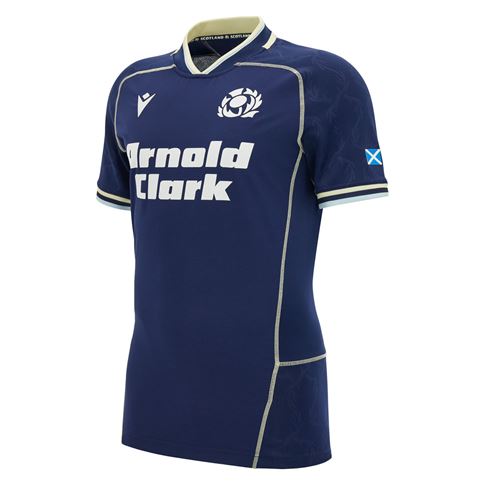 Scotland Mens Bodyfit Home Rugby Shirt 26/27 Navy and Sand - Front View