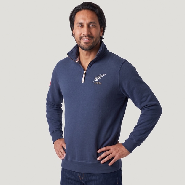 New Zealand 1881 Adults Half Zip Cotton Sweatshirt Petrol Blue - Model Front View