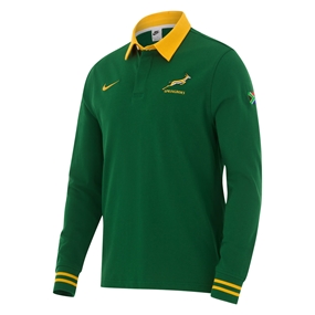 South Africa Springboks Mens Home Classic Rugby Shirt Long Sleeve 26/27 Gorge Green - Front View