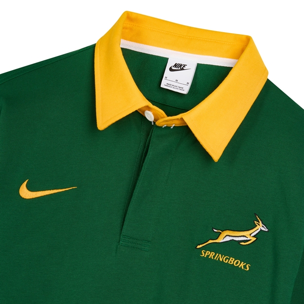 South Africa Springboks Mens Home Classic Rugby Shirt Long Sleeve 26/27 Gorge Green - Collar Close-up