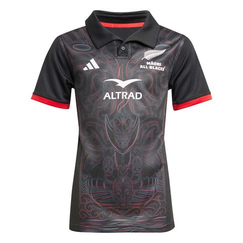 Maori All Blacks Kids Home Rugby Shirt Short Sleeve Black 25/26 - Front View