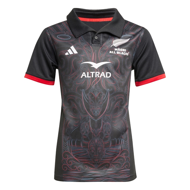 Maori All Blacks Kids Home Rugby Shirt Short Sleeve Black 25/26 - Front View