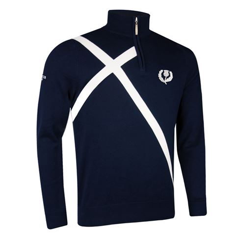 Scotland Mens Glenmuir Saltire Zip Neck Cotton Sweater Navy - Front