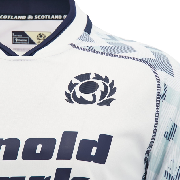 Scotland Mens Away Rugby Shirt 26/27 White Sand and Navy - SRU Thistle Close-up