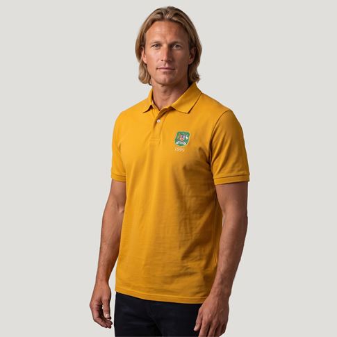 Australia 1899 Crest Adults Classic Cotton Polo Shirt Gold - Model Front View