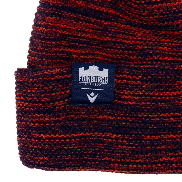 Edinburgh Waffle Knit Beanie 26/27 Orange/Navy - Badge Close-up