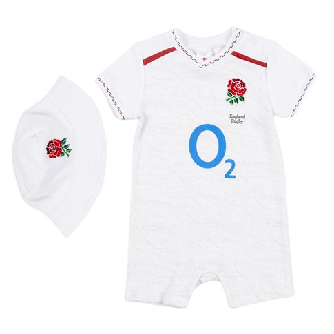 England Baby Home Romper suit & Bucket Hat 26/27 White - Front View