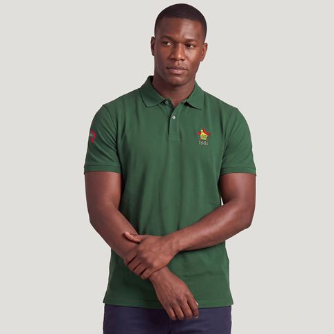 Zimbabwe 1981 Adults Classic Cotton Polo Shirt Bottle Green - Model Front View