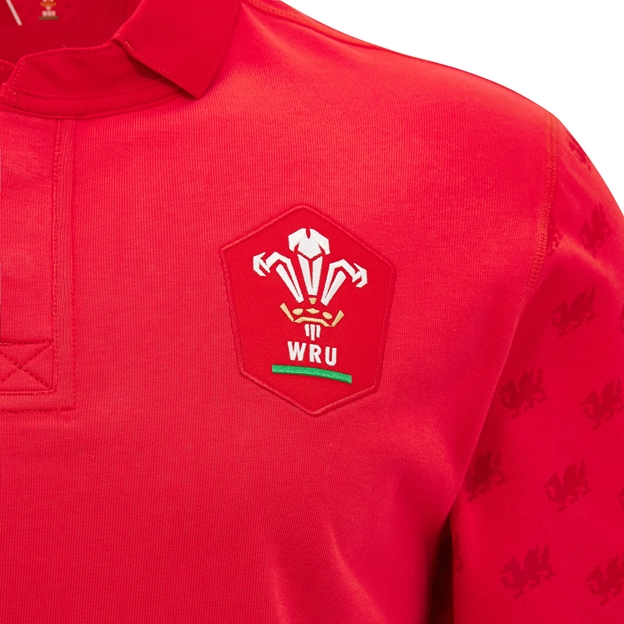 Wales Mens Home Cotton Rugby Shirt 26/27 Short Sleeve Red - WRU Badge Close-up