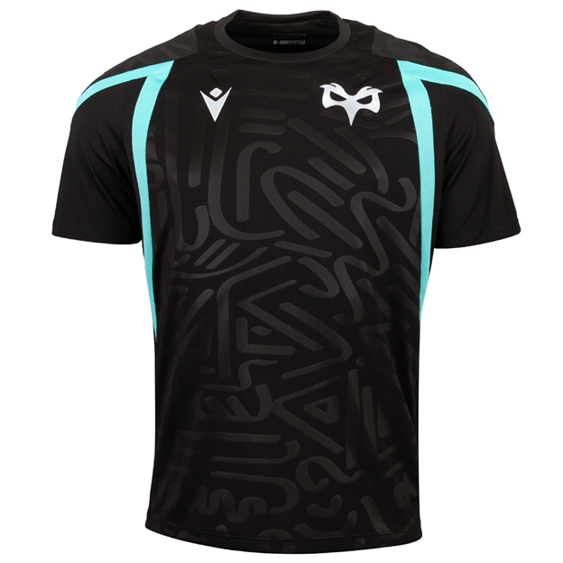 Ospreys Mens Training T-Shirt 26/27 Black and Teal - Front View
