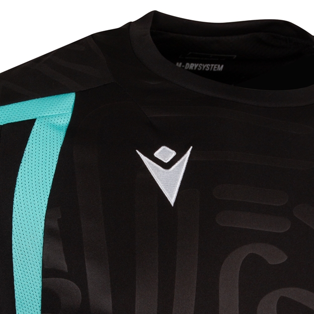 Ospreys Mens Training T-Shirt 26/27 Black and Teal - Macron Logo Close-up