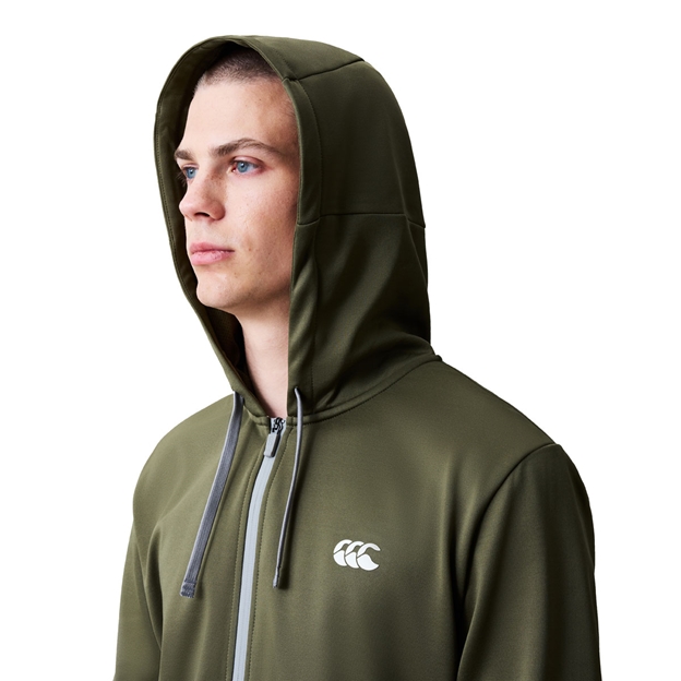 Canterbury Mens Tempo+ Full Zip Hoodie Ivy Green and White - Model Hood Close-up