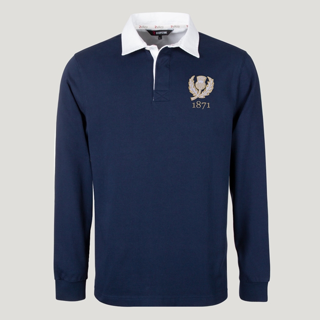 Scotland 1871 Adults Heritage Cotton Rugby Shirt Navy - Front View