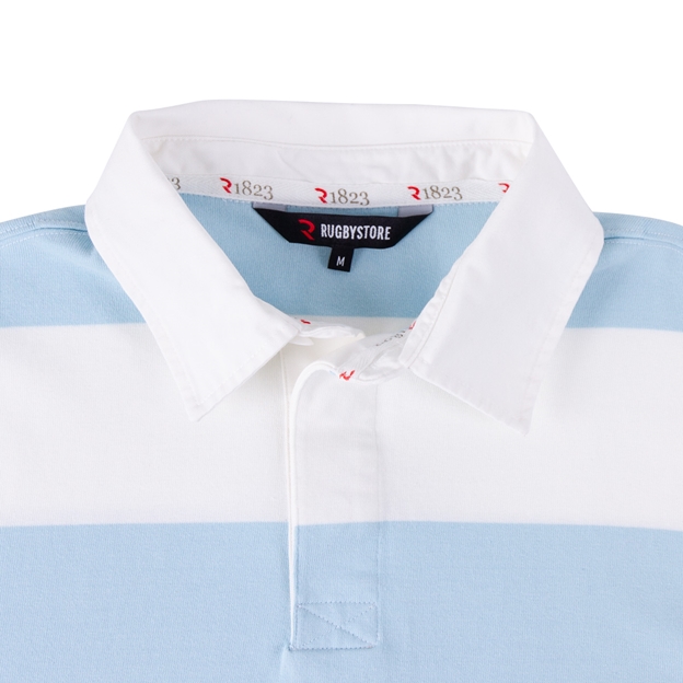 Rugby 1823 Mens Striped Rugby Shirt Long Sleeve Sky Blue and White - Collar Close-up