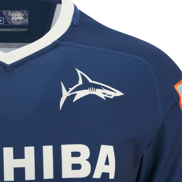 Sale Sharks Mens Home Rugby Shirt 25:26 Navy - Embroidery Detail Close-up