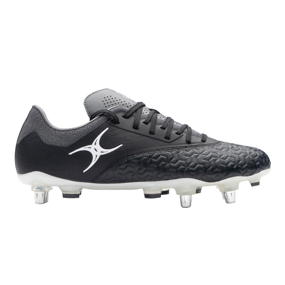 Gilbert Adults Icon Vapour 6 Stud Soft Ground Rugby Boots Black/Grey - Front View