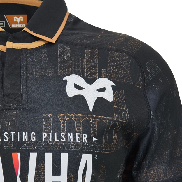 Ospreys Kids Home Rugby Shirt 26/27 Black - Badge Close-up