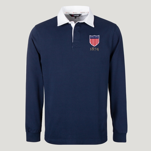 USA 1974 Adults Heritage Cotton Rugby Shirt Navy - Front View