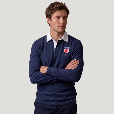 USA 1974 Adults Heritage Cotton Rugby Shirt Navy - Model Front View