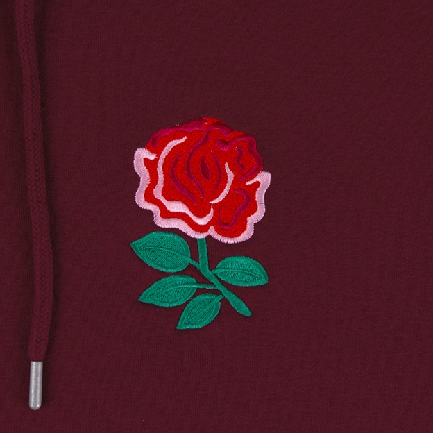 England Womens Classic Hoodie Burgundy - Rose Embroidery Close-up