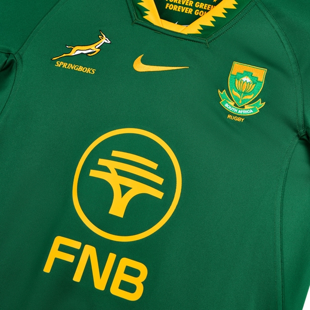 South Africa Springboks Mens Home Rugby Shirt 26/27 Short Sleeve Gorge Green - Flatlay Close-up View