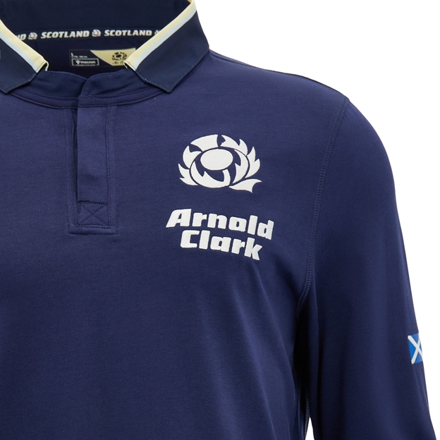 Scotland Mens Home Classic Cotton Rugby Shirt 26/27 Long Sleeve Navy and Sand - SRU Thistle Close-up