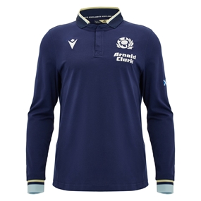 Scotland Mens Home Classic Cotton Rugby Shirt 26/27 Long Sleeve Navy and Sand - Front View