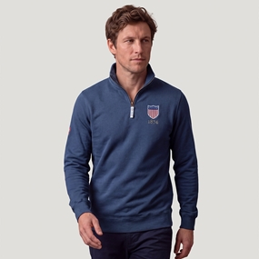 USA 1874 Adults Half Zip Cotton Sweatshirt Petrol Blue - Model Front View
