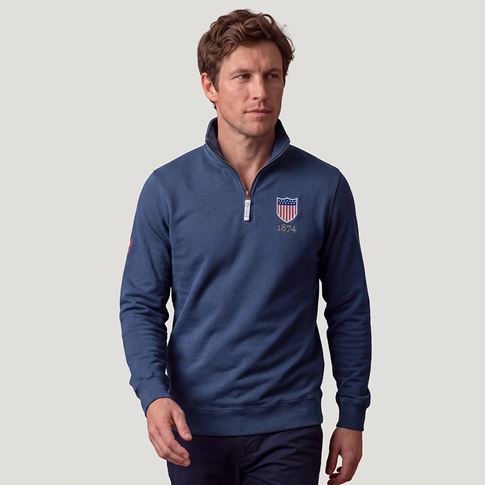 USA 1874 Adults Half Zip Cotton Sweatshirt Petrol Blue - Model Front View