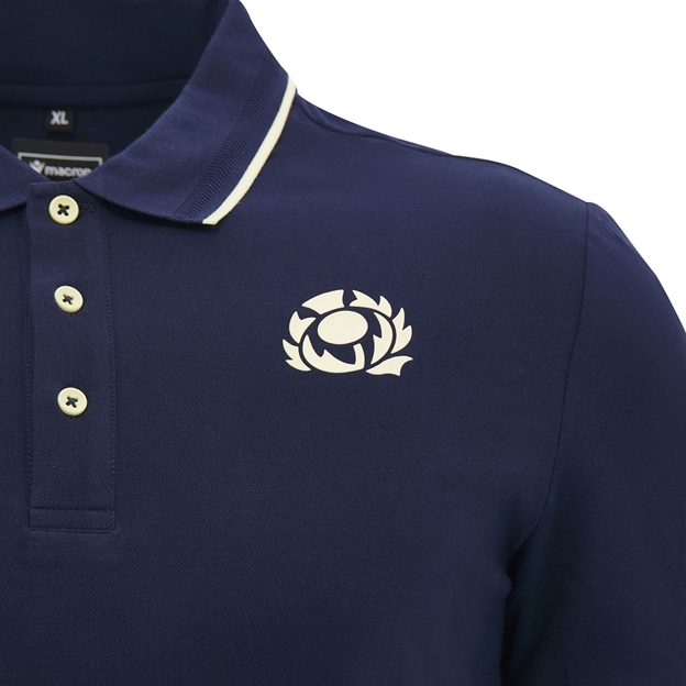 Scotland Mens Travel Fitted Cotton Polo 26/27 Navy and Sand - SRU Thistle Close-up