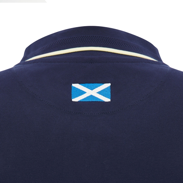 Scotland Mens Travel Fitted Cotton Polo 26/27 Navy and Sand - Nape Detail