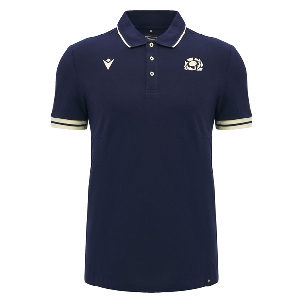 Scotland Mens Travel Fitted Cotton Polo 26/27 Navy and Sand - Front View