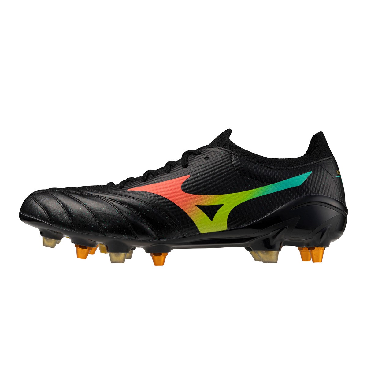 Mizuno Adults Morelia Neo V Βeta Elite Mix Soft Ground Rugby Boots Black/Lava Orange/Arcadia - Front View