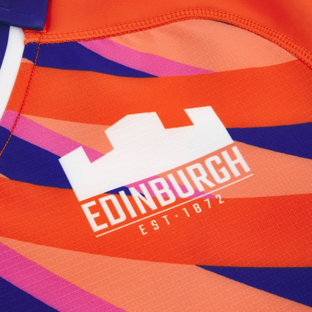 Edinburgh Mens Bodyfit Away Rugby Shirt 26/27 Orange/Navy/Purple - Edinburgh Logo Close-up