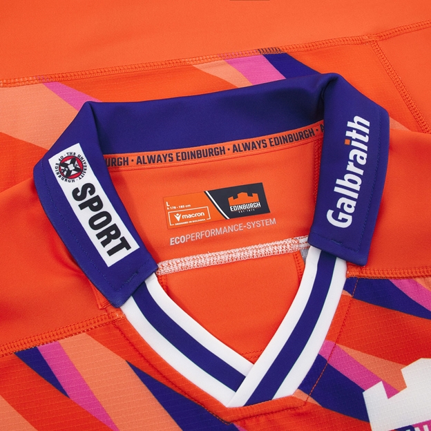 Edinburgh Mens Bodyfit Away Rugby Shirt 26/27 Orange/Navy/Purple - Collar Close-up