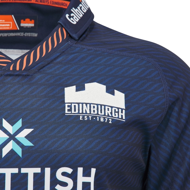 Edinburgh Kids Home Rugby Shirt 26/27 Navy/Orange/White - Edinburgh Embroidery Close-up