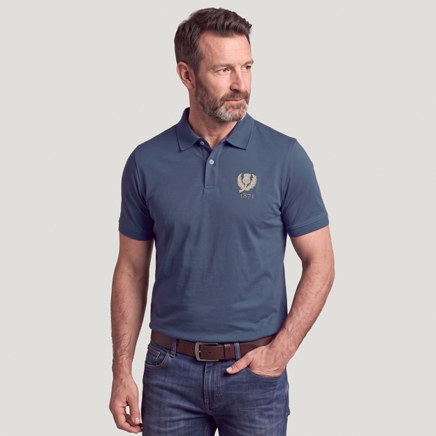 Scotland 1871 Adults Classic Cotton Polo Shirt Petrol Blue - Model Front View