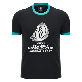 Rugby World Cup 2027 Mens Cotton T-Shirt - Black/Turquoise - Front View