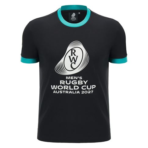 Rugby World Cup 2027 Mens Cotton T-Shirt - Black/Turquoise - Front View