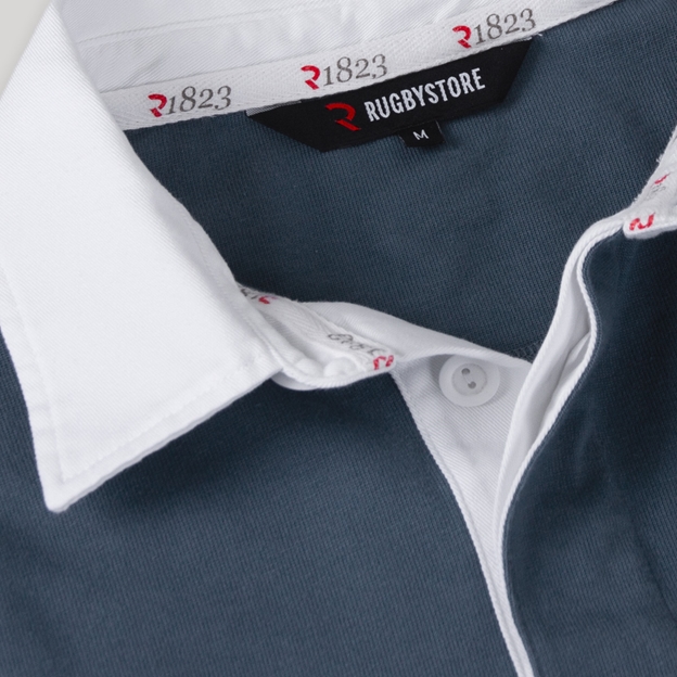 Italy 1929 Heritage Pure Cotton Rugby Shirt Long Sleeve Petrol Blue - Collar Close-up