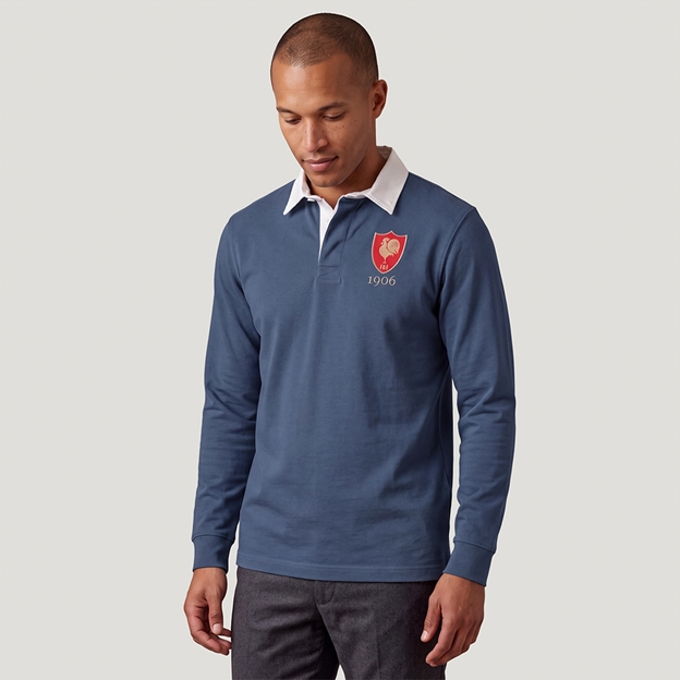 France 1906 Adults Heritage Rugby Shirt Petrol Blue - Model Front View