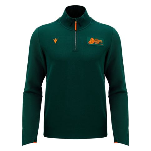 Rugby World Cup 2027 Mens Athleisure 1/4 Zip Top Dark Green/Orange - Front View
